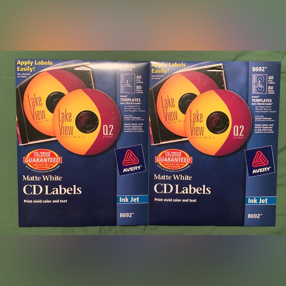 Lot Of 2 Avery CD DVD Ink Jet Matte White Labels 40 Disc 80 Spine 8692 Brand New